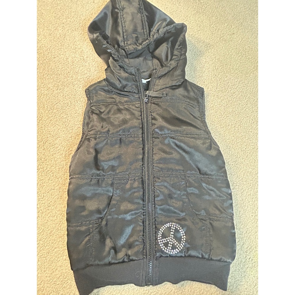 Genmar Kids‎ Black Puffer Vest Peace Sign Rhinestone Hooded Size M